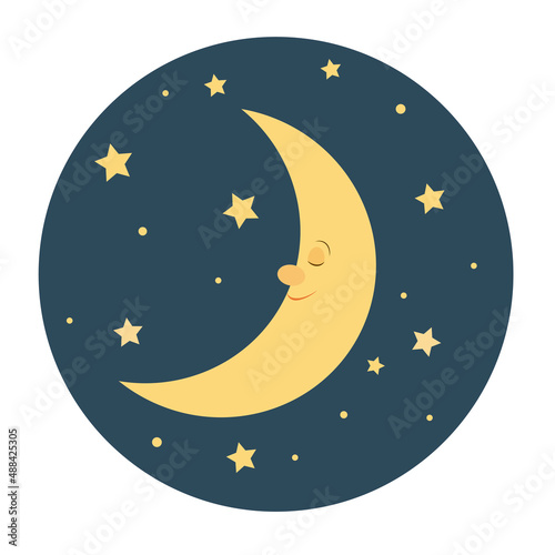 Cute sleeping moon. Vector illustration with moon and stars.