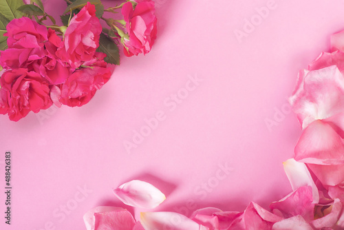 Fototapeta Naklejka Na Ścianę i Meble -  Pink roses with green leaves overhead view - flat ly
