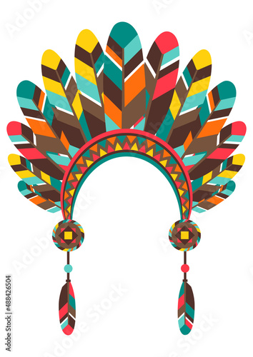 Illustration of american indians hat with feathers. Ethnic image in native style.