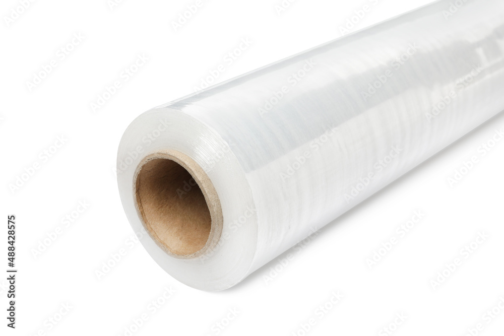 Roll of plastic stretch wrap film isolated on white, closeup Roll of plastic stretch wrap film isolated on white, closeup
