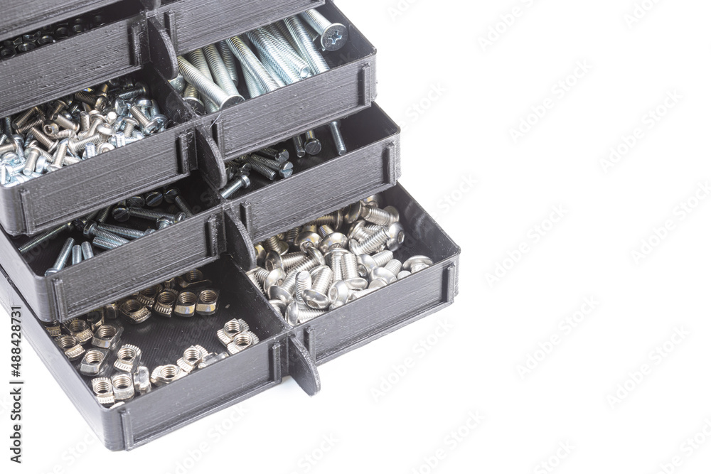 Boxes full with nuts and bolts. Workshop concept with tool box. Boxes full with nuts and bolts. Workshop concept with tool box.