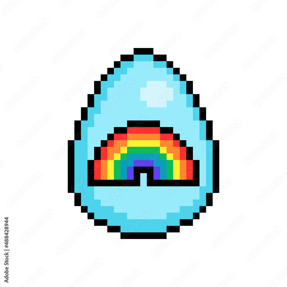 Fototapeta premium Easter egg painted blue decorated with a rainbow symbol sticker, 8 bit icon isolated on white background. Old school vintage retro 80s, 90s 2d video game, slot machine graphics.