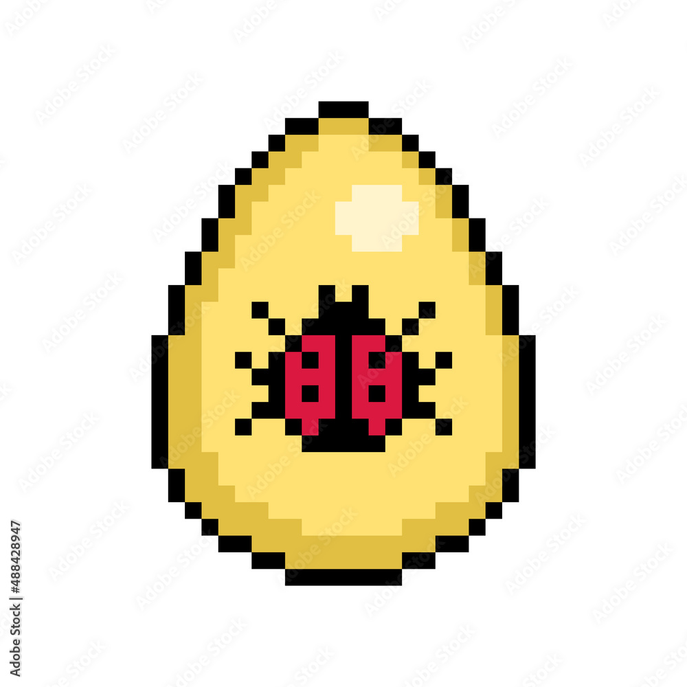 Easter egg painted yellow decorated with a red ladybug sticker, 8 bit icon isolated on white background. Old school vintage retro 80s, 90s 2d video game, slot machine graphics. Easter egg painted yellow decorated with a red ladybug sticker, 8 bit icon isolated on white background. Old school vintage retro 80s, 90s 2d video game, slot machine graphics.