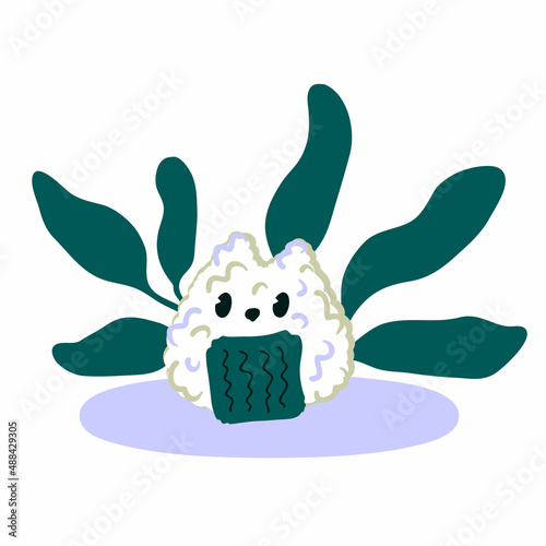 Hand drawn animalistic onigiri with cute cat face. Perfect for T-shirt, poster and print. Doodle vector illustration for decor and design.