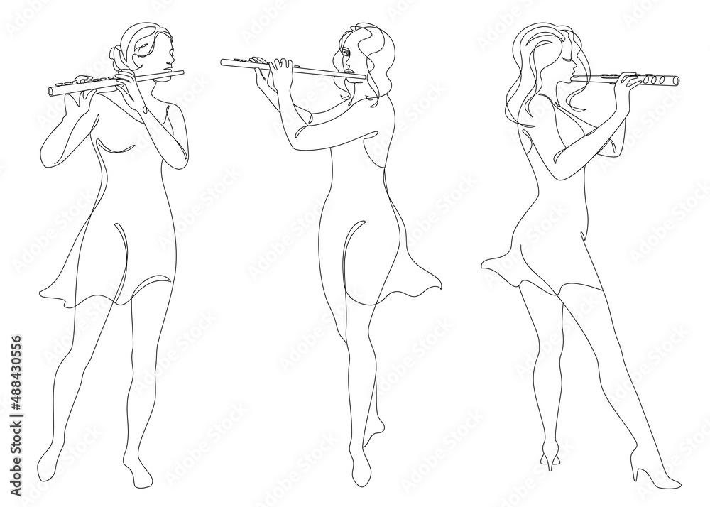 Collection. Silhouette of a beautiful woman with a flute in a modern continuous line style. Flutist, slender. Continuous line drawing, decor outline, posters, stickers, logo. Vector illustration, set.