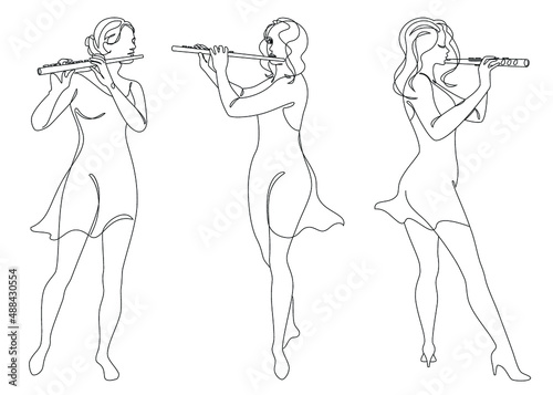 Collection. Silhouette of a beautiful woman with a flute in a modern continuous line style. Flutist, slender. Continuous line drawing, decor outline, posters, stickers, logo. Vector illustration, set.