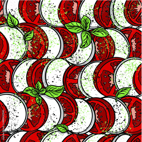 Caprese salad vector pattern. Italian and Mediterranean cuisine. Tomatoes, mozzarella and basil