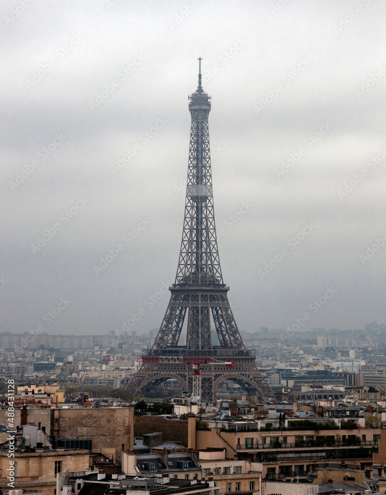 View of the 300-meter metal Eiffel tower from the Arc de Triomphe.