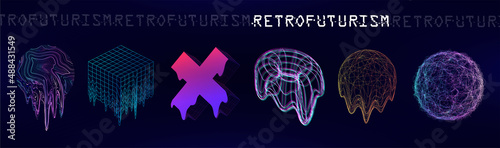 Old retrowave 3D trendy shapes. Retrofuturistic circle glitch and fluid effects. Holographic illuminated shapes from 80s-90s Vaporwave, synthwave concept for Merch or T-shirt. Vector glitch elements