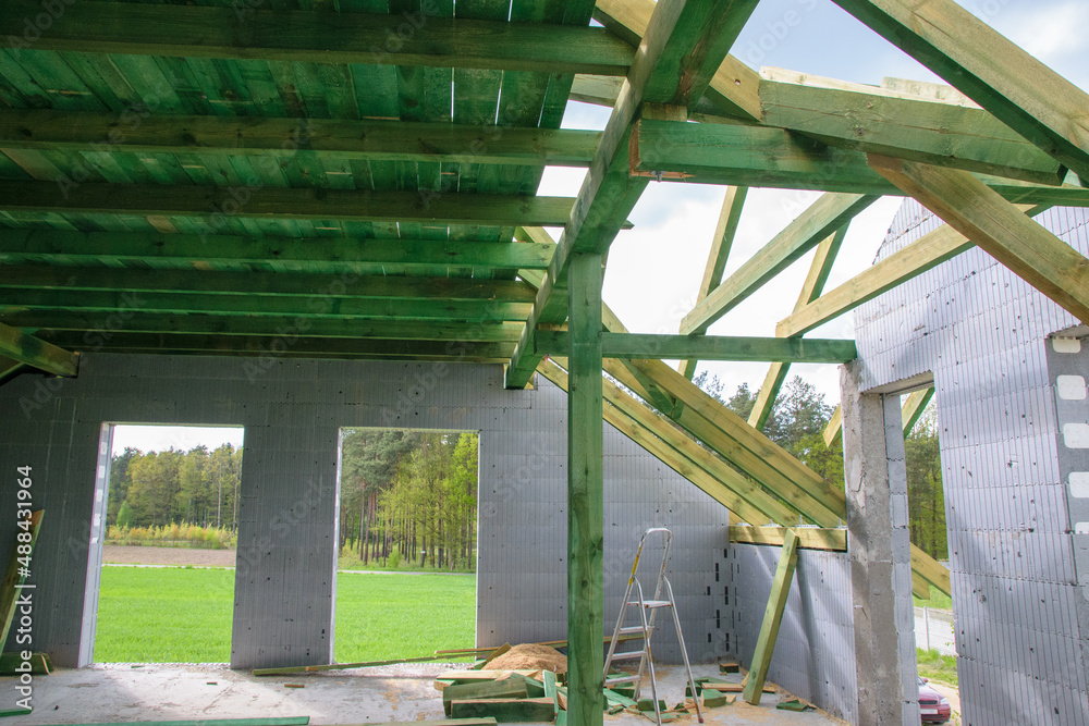 Obraz premium Construction of a residential house. Roof construction. Attic.