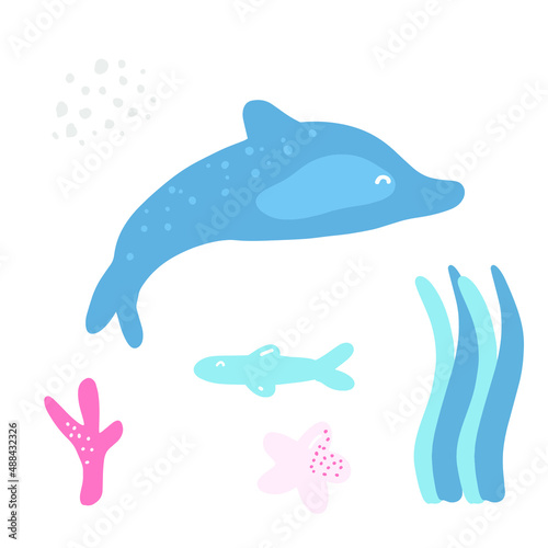 Dolphin, corals, algae, starfish. Sea life illustration. Cute cartoon character. Colorful nursery kids nautical marine design element