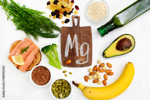 Animal and vegetable sources of magnesium. The concept of a balanced diet. Top view, white background