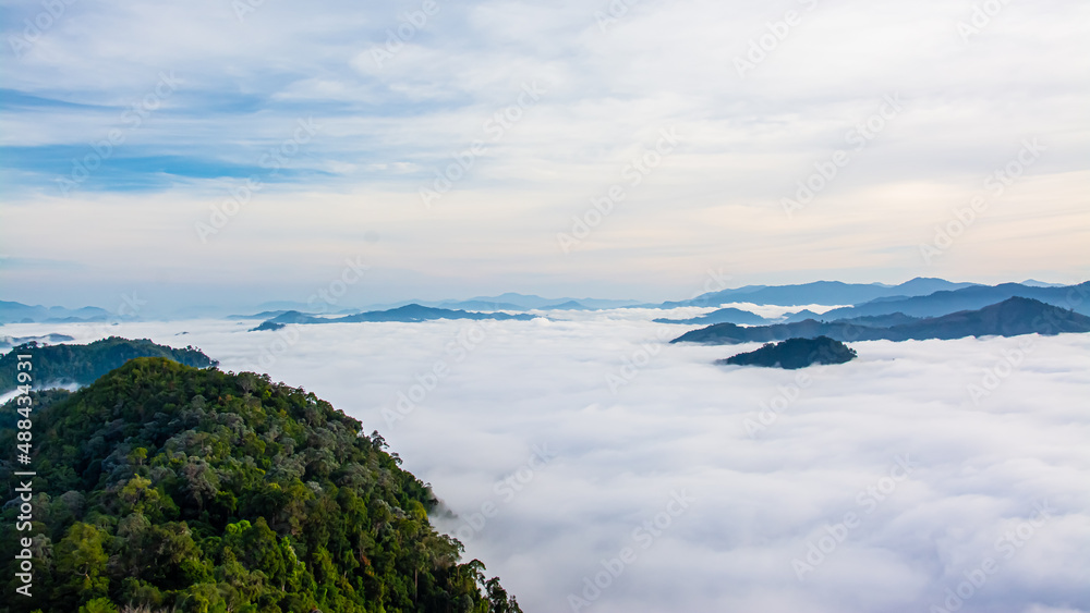 Betong, Yala, Thailand  2020: Talay Mok Aiyoeweng skywalk fog viewpoint there are tourist visited sea of mist in the morning