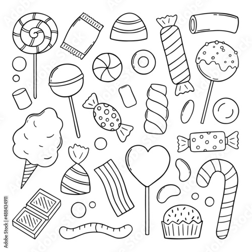 Hand drawn set of sweets and candies doodle. Lollipop, caramel, chocolate, marshmallow in sketch style.  Vector illustration isolated on white background.