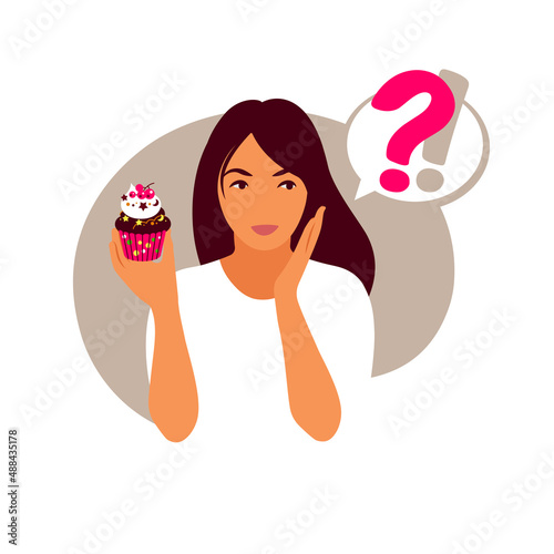 Eating disorder concept. A woman is thinking about breaking her diet. Vector illustration. Flat