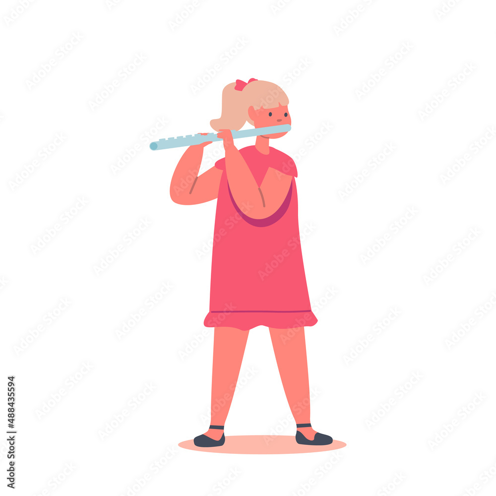 Little Girl Playing Flute Blow Musician Composition. Child Character Playing, Training in Music School or Performing Little Girl Playing Flute Blow Musician Composition. Child Character Playing, Training in Music School or Performing