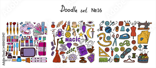 Big vector doodle sewing, magical, paint sets. Vector tailoring, halloween, artist s tools icons. Sewing mannequin, machine, measuring and cutting supplies, Black outline. Sketch with professions