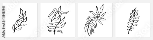 One line tropical palm tree leaves. Modern single line art leaf drawing, plants outline contour isolated. Perfect for home decor posters, wall art or print, label, logo. Vector illustration