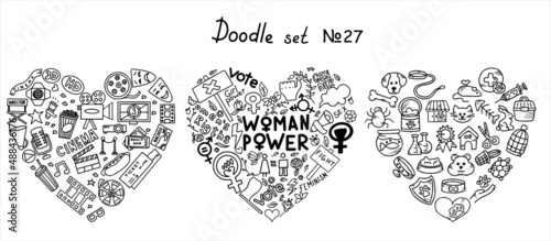 A set of doodle signs of feminism, women s rights. Hand drawn vector icons set of pets and Cinema, TV Shows, Series and Movies. A rally to fight for voting rights. International women s day 8 march