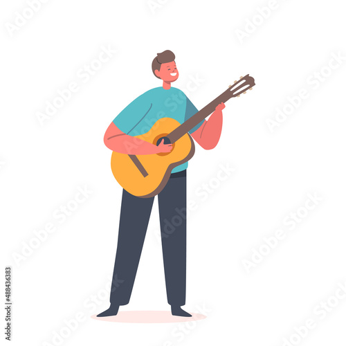 Little Boy Character Playing Acoustic Classic Guitar on Scene. Little Musician with String Instrument Perform on Stage