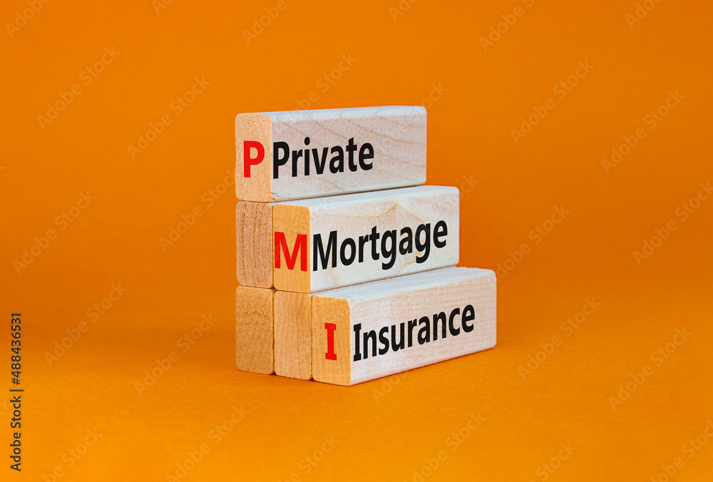 Naklejka premium PMI private mortgage insurance symbol. Concept words PMI private mortgage insurance on blocks on a orange table, orange background. Business PMI private mortgage insurance concept. Copy space.