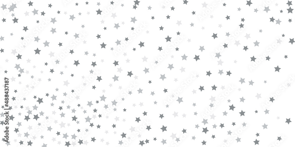 Silver star confetti. Falling stars on a white background. Illustration of flying shining stars. Decorative element. Suitable for your design, postcards, invitations, gift, vip.
