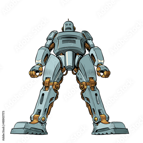 A giant robot stands in a majestic pose. Bottom up view. Artificial intelligence