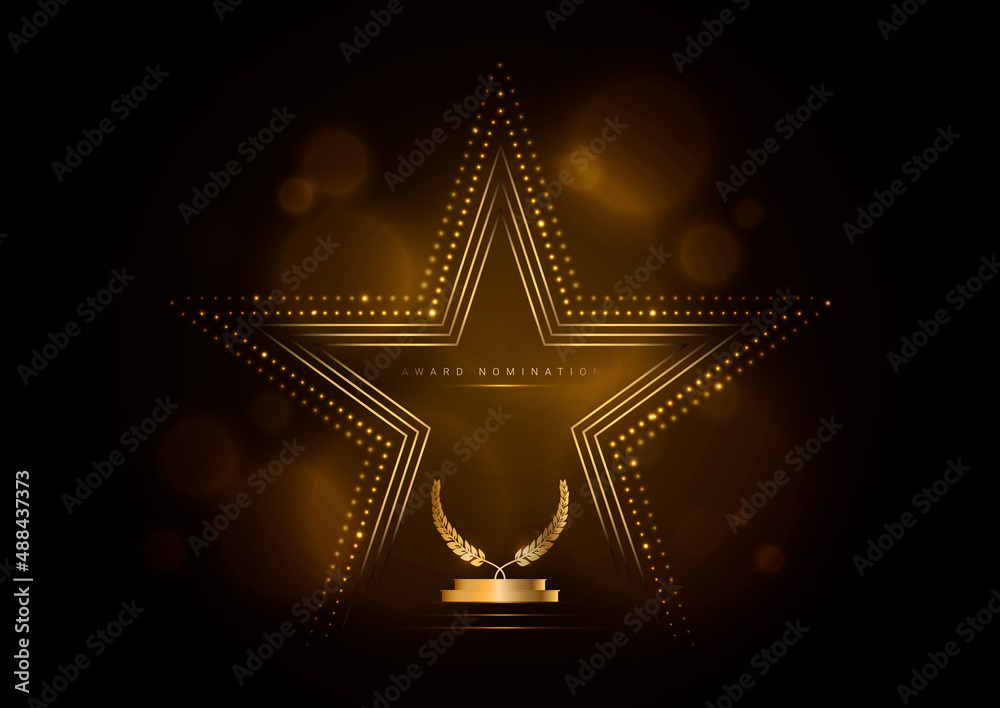 Golden glowing star with laurel wreath, award template on black background.