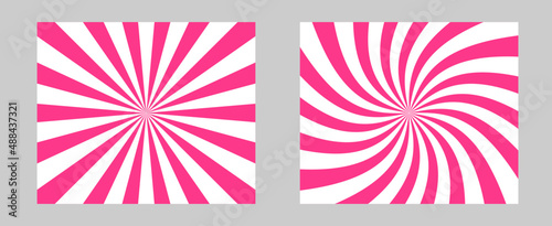 Solar explosion Sun Burst Effect. Vector Sunburst wallpaper. Pink rose color burst set of 2 sun rays background. Circus background, abstract pattern with colorful rays, banner element for show, fair.