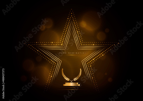 Golden glowing star with laurel wreath, award template on black background. photo