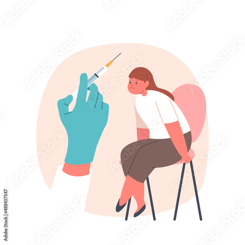 Upset Child Sitting on Chair in Clinic Cabinet Afraid of Vaccination, Little Kid Seasonal Disease Prevention Concept