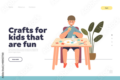 Funny crafts for kids concept of landing page with little boy making applique cutting paper gluing