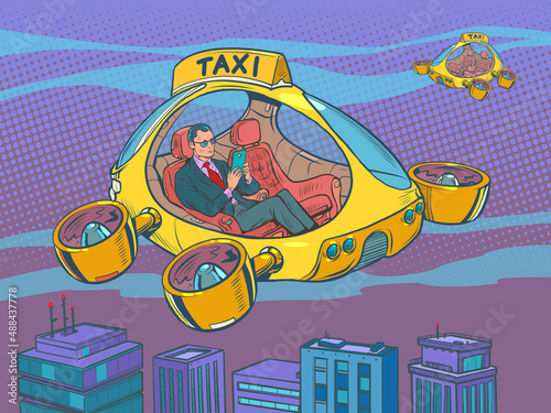 Businessman passenger. Drone air taxi, autopilot city transport. Helicopter of the future