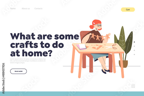 Crafts to do at home concept of landing page with little girl kid making paper craft