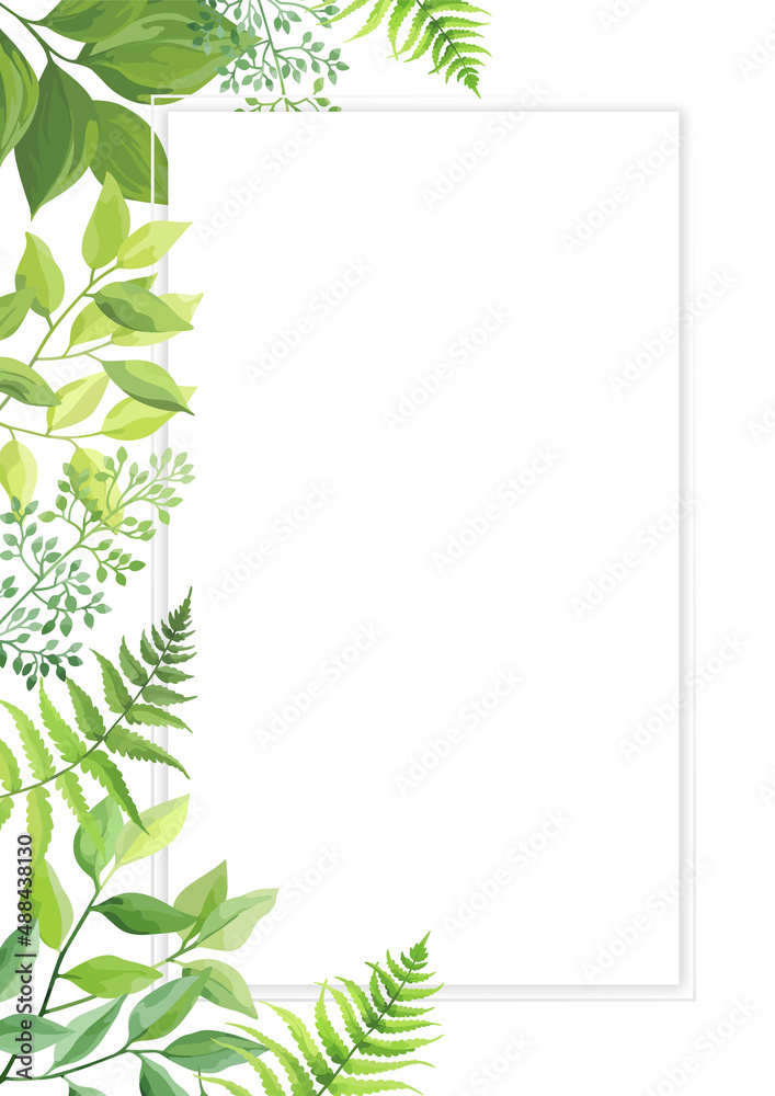 Green leaves frame template. Floral border with place for text. Forest herbs design. Vector illustration.