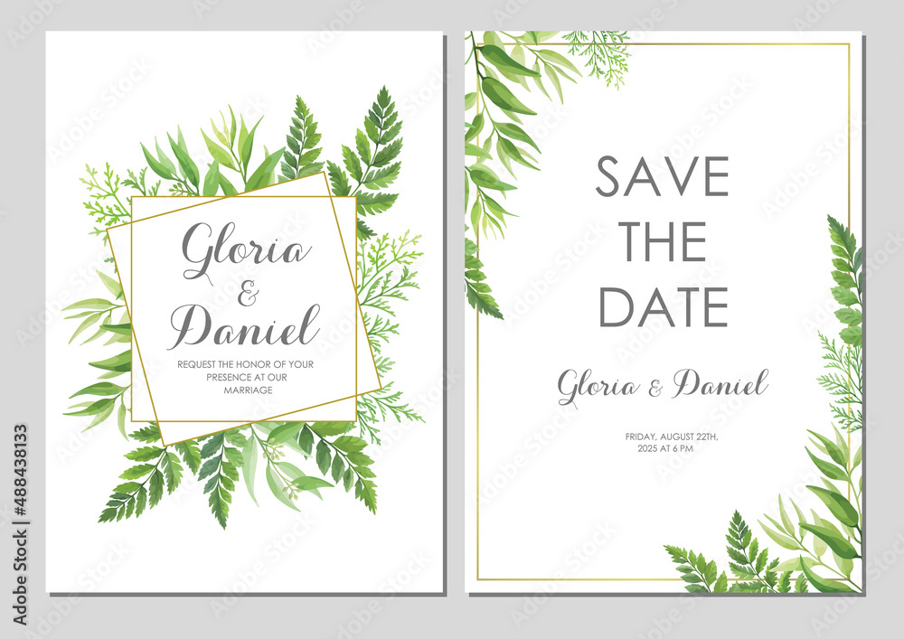 Wedding invitation with green leaves border and geometric frames. Invite card with place for text. Frame with forest herbs. Vector illustration. Wedding invitation with green leaves border and geometric frames. Invite card with place for text. Frame with forest herbs. Vector illustration.