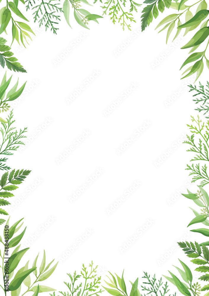 Green leaves frame template. Floral border with place for text. Forest herbs design. Vector illustration.