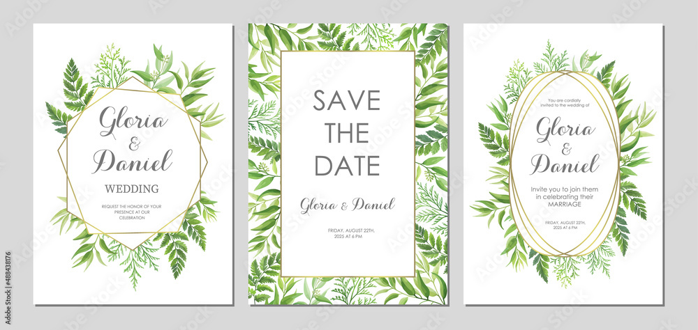 Wedding invitation with green leaves border and geometric frames. Invite card with place for text. Frame with forest herbs. Vector illustration. Wedding invitation with green leaves border and geometric frames. Invite card with place for text. Frame with forest herbs. Vector illustration.