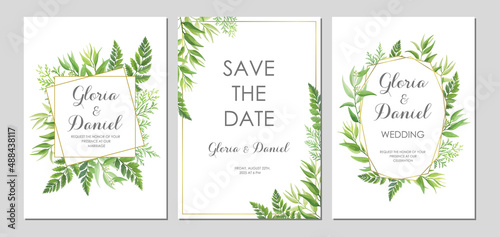 Wedding invitation with green leaves border and geometric frames. Invite card with place for text. Frame with forest herbs. Vector illustration.