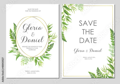 Wedding invitation with green leaves border and geometric frames. Invite card with place for text. Frame with forest herbs. Vector illustration.