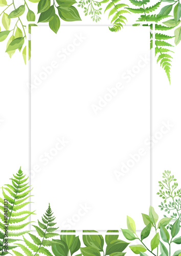 Green leaves frame template. Floral border with place for text. Forest herbs design. Vector illustration.	
