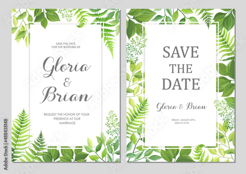 Wedding invitations with green leaves border. Invite card with place for text. Frame with forest herbs. Vector illustration.