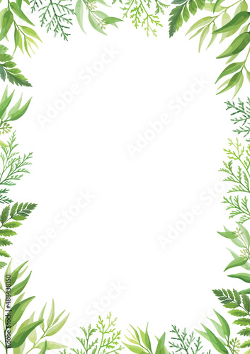Green leaves frame template. Floral border with place for text. Forest herbs design. Vector illustration.