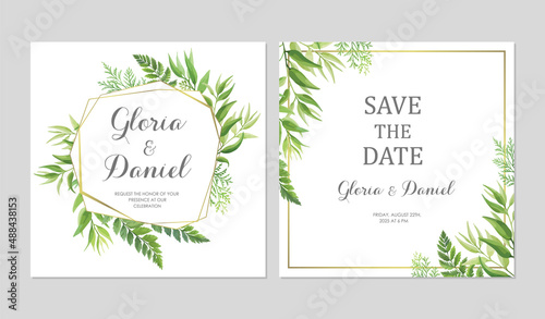Wedding invitation with green leaves border and geometric frames. Invite card with place for text. Frame with forest herbs. Vector illustration.