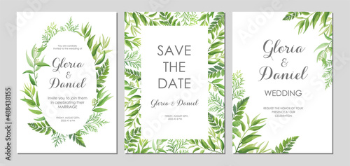 Wedding invitations with green leaves border. Invite card with place for text. Frame with forest herbs. Vector illustration. © artnata