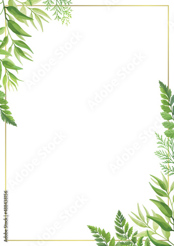 Frame with green leaves. Card with place for text. Border with forest herbs. Vector illustration.