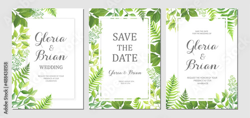 Wedding invitations with green leaves border. Invite card with place for text. Frame with forest herbs. Vector illustration.