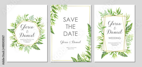 Wedding invitation with green leaves border and geometric frames. Invite card with place for text. Frame with forest herbs. Vector illustration. © artnata