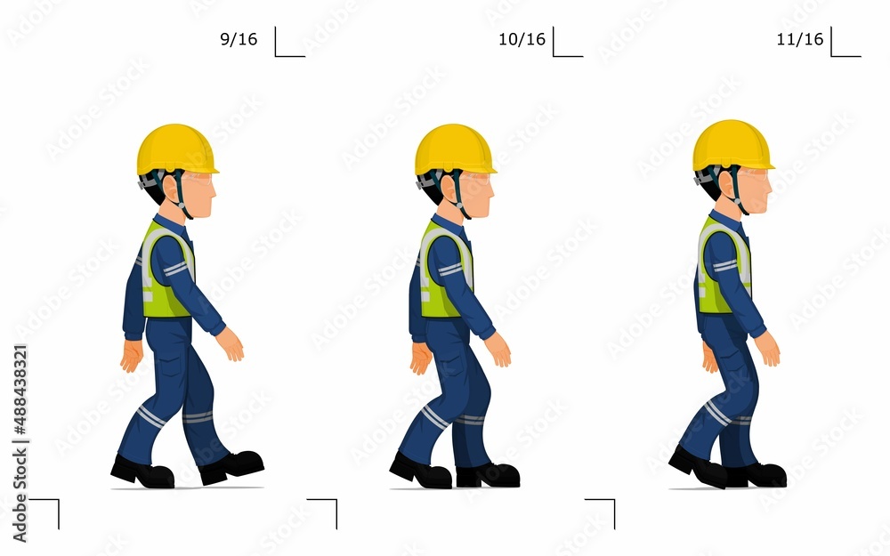 An industrial worker is walking on white background