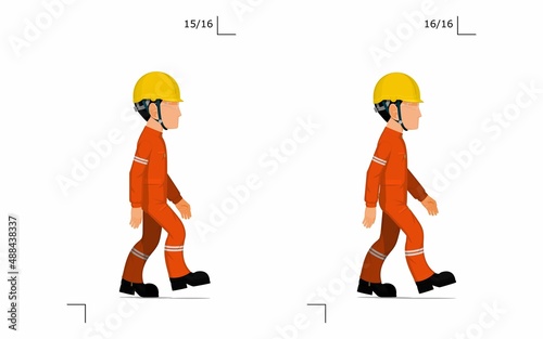 An industrial worker is walking on white background